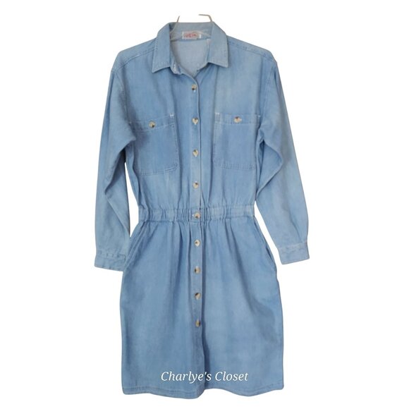 Vintage 90s/Y2K‎ FADS Jean Denim Dress Elastic Waist Button-Down L/S w/Pockets M - Picture 1 of 11